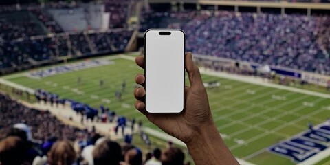 Asian male using smartphone with a blank white screen. Stadium, football, game apps mockup. Vertical phone orientation