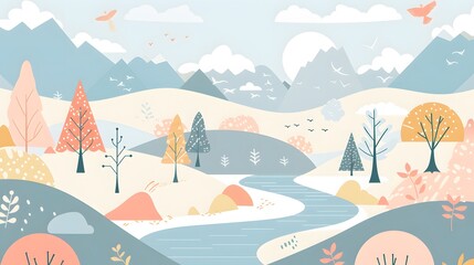 Obraz premium Nature Landscape with Smooth Mountains and River – Vector 