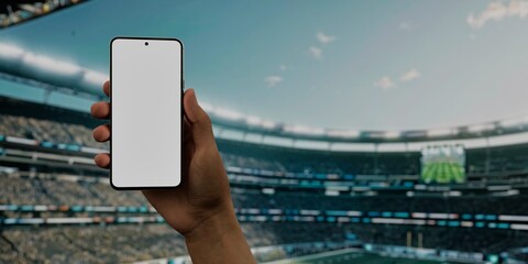 Asian male using smartphone with a blank white screen. Football stadium, sports event, crowded apps mockup. Vertical phone orientation