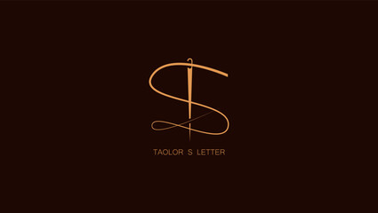 Abstract Initial Letter S Tailor logo, thread and needle combination with gold colour line style , Flat Logo Design Template, vector illustration
