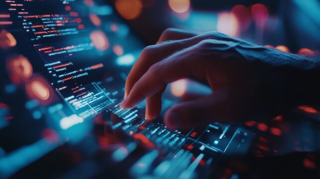 Hands interacting with a futuristic touchscreen interface displaying lines of code, representing high-tech programming.