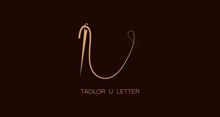 Abstract Initial Letter U Tailor logo, thread and needle combination with gold colour line style , Flat Logo Design Template, vector illustration
