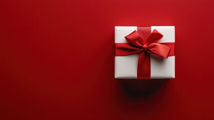 A single white gift box with a large red bow sits on a red background, with plenty of copy space.