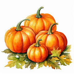 Watercolor pumpkins and autumn leaves, fall