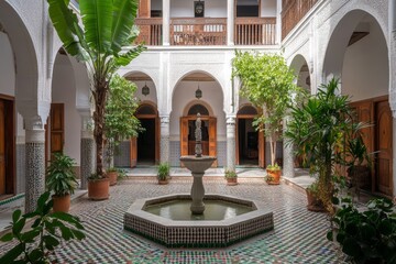 Discover the charm of a moroccan riad with arched doorways and a central courtyard fountain