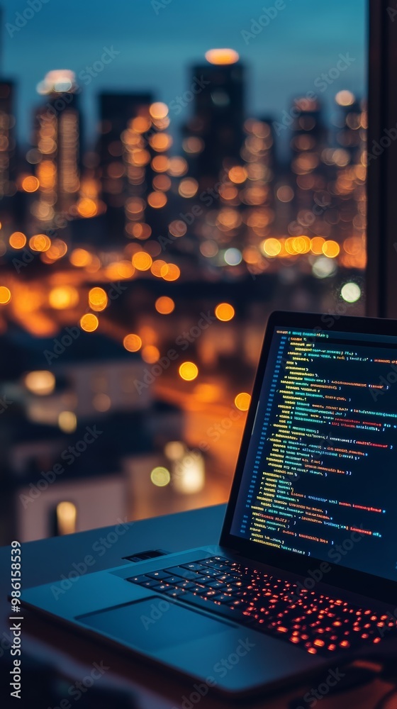 Aufkleber Laptop displaying code in front of a cityscape background with bokeh lights. Urban coding environment in the evening.