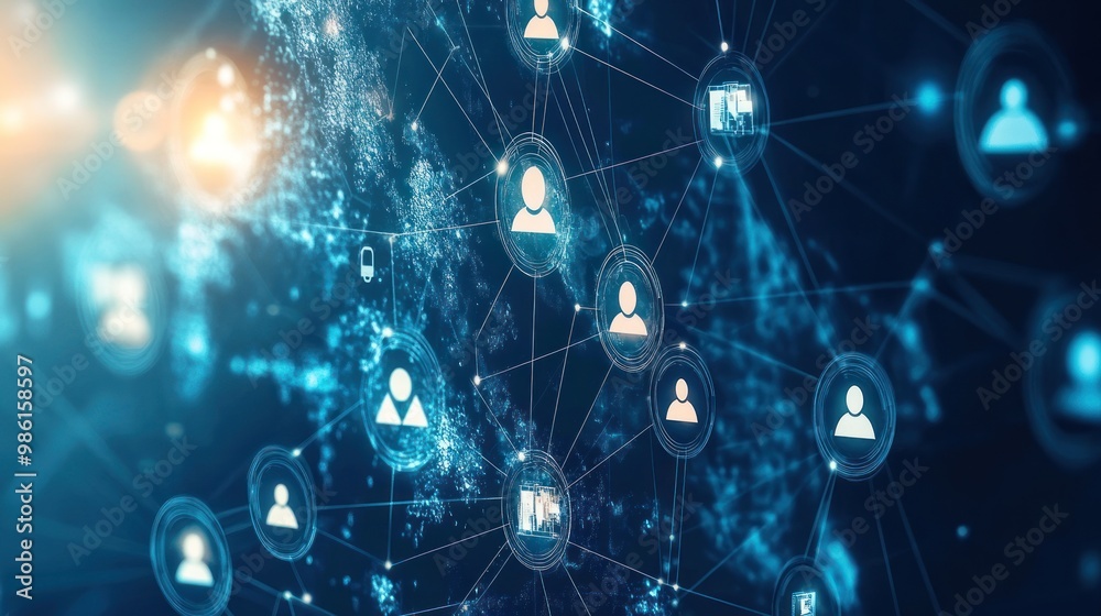 Sticker abstract glowing network connection of people icons on blue digital background with futuristic style