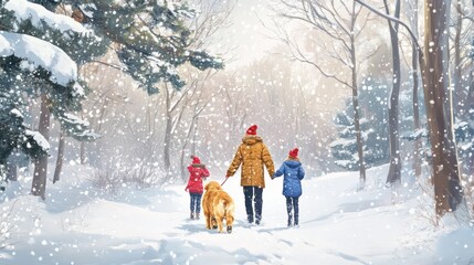 Happy family walking their pet golden retriever in the winter forest outdoors. Active Christmas holidays. Design ai