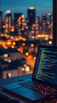 Laptop displaying code in front of a cityscape background with bokeh lights. Urban coding environment in the evening.