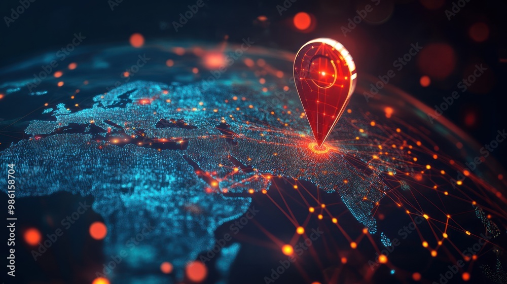 Sticker a red pin with a glowing center is placed on a digital representation of the globe, indicating a loc