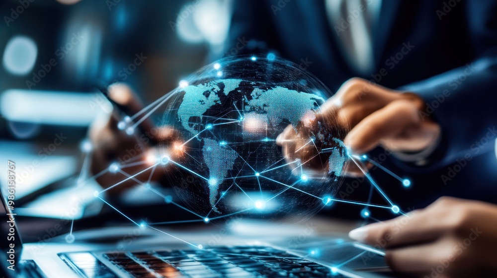 Poster a glowing digital globe with interconnected lines above a laptop keyboard, representing global conne