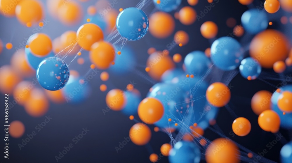 Wall mural abstract 3d rendering of blue and orange spheres connected by a white web-like structure.