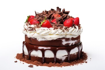 A celebratory birthday cake embellished with a symphony of strawberries, a symphony of chocolate shavings, and a symphony of whipped cream