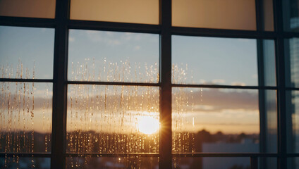 Blurred bokeh of a sunrise breaking through the window of a tech startup office