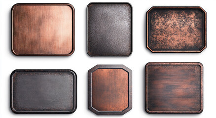 Set of different metal plates isolated on a white background, with various textures and shapes
