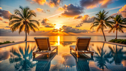 Obraz premium Two deck chairs by the pool at sunset at a luxury beach hotel on a tropical island, luxury, beach, hotel, tropical, island