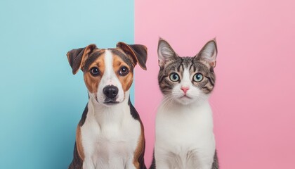 Dog and Cat Sitting Together in a Colorful Setting