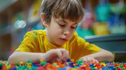 An autistic child focusing on a sensory activity, feeling calm
