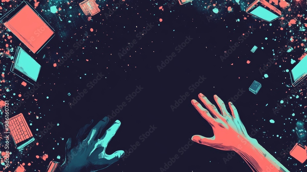 Poster Two hands floating in space with glowing squares and devices representing digital technology. Starry background emphasizes control over technology in a virtual world.