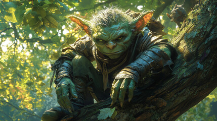 cunning goblin scout perched stealthily on a thick tree branch, hiding among the dense forest foliage, alert and observant