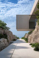 Modern architectural design featuring a cantilevered structure along a rocky pathway with ocean views under a cloudy sky