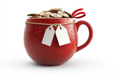Isolated 3D scene of a festive holiday mug filled with coins sale tags tied to the handle set against a clean white background for contrast