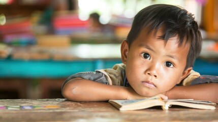 A Laotian child studying in a classroom, eager to learn