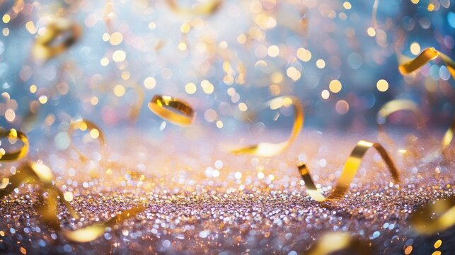 A close-up of a glittering New Year's Eve party backdrop with shimmering metallic streamers and sparkles, creating a glamorous and festive atmosphere.