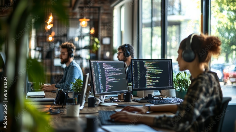 Aufkleber Software developers coding together in a modern office, collaborating on screens. Open workspace for teamwork and problem solving.