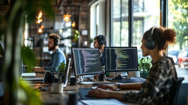 Software developers coding together in a modern office, collaborating on screens. Open workspace for teamwork and problem solving.