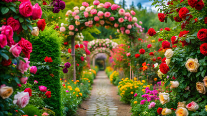 Fototapeta premium Rose garden in a parallel universe with vibrant colors and unique flowers, fantasy, alternate reality