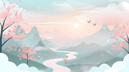 Fototapeta premium Peaceful Mountains and River in Soft Colors – Vector 