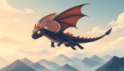 A dragon over mountains at sunset with an airplane in the sky