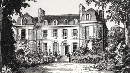 A drawing of the front view of an old French château in ink