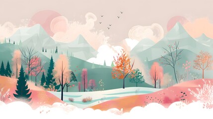 Fototapeta premium Natural Scenery with Trees, Mountains, and River – Vector Art 