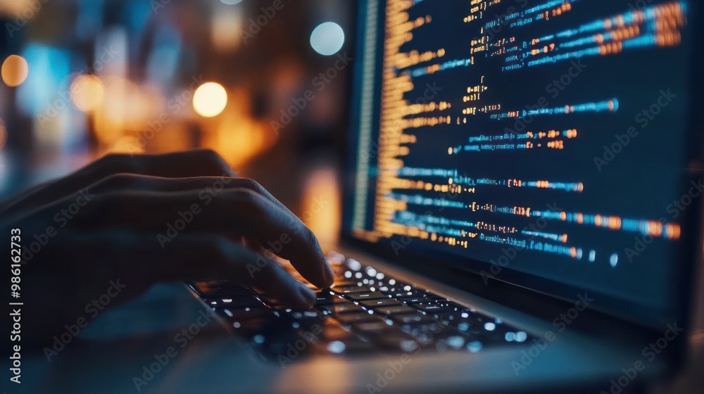 Poster a person's hands typing on a laptop keyboard with code on the screen. the background is a blurry cit