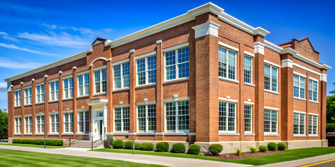 Fototapeta premium American school building with brick exterior and white windows, school, building, education, campus, architecture