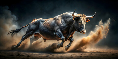 Dirty bull running on dark background, bull, running, event, traditional, Spain, thrill, danger, festival, adrenaline