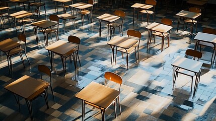 Empty Modern Classroom In the School Interior, Back to School Concept Book, Chair, table 3D Render.