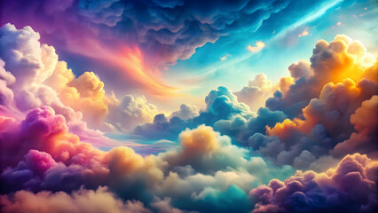 Surreal dreamscape of fluffy clouds in vibrant colors , dreamy, surreal, clouds, ethereal, vibrant, colors, sky