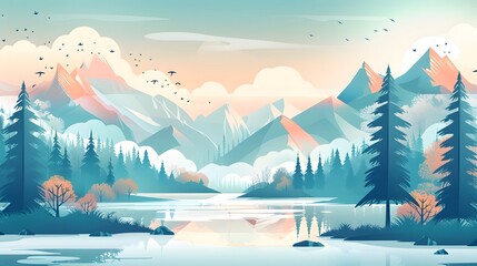 Smooth Lines Nature Landscape with River and Trees – Vector