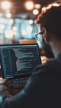 Software developer in a dimly lit workspace coding on a laptop with programming code displayed. Perfect for illustrating software development and IT work.