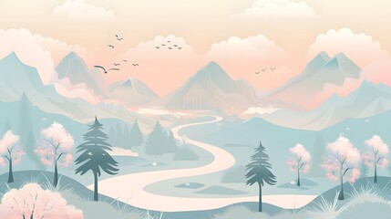 Fototapeta premium Smooth Lines Nature Landscape with River and Trees – Vector