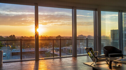 Fototapeta premium Blurred bokeh of a sunrise breaking through the window of a tech startup office