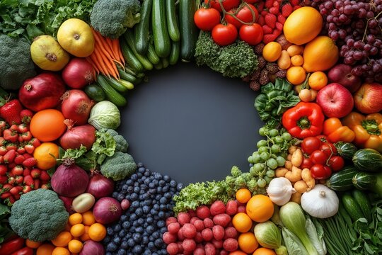 vibrant fruit and vegetable frame diverse produce arranged in circular composition on white background bursting with color