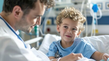 A doctor checking on a child patient in a hospital room