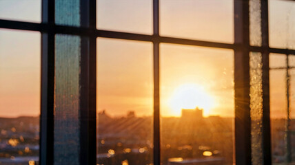 Fototapeta premium Blurred bokeh of a sunrise breaking through the window of a tech startup office