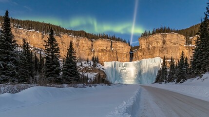 Fototapeta premium Frozen Waterfall in Winter with Aurora Borealis