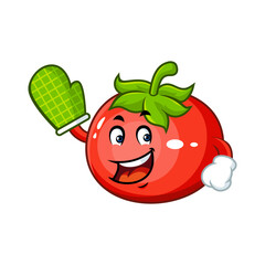 Happy cartoon tomato chef wearing oven mitt, waving hello.