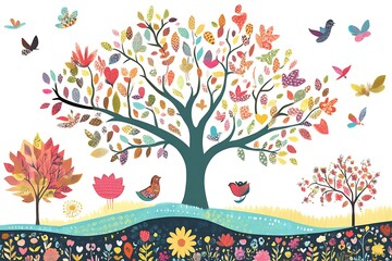Colorful Tree with Birds and Flowers Illustration